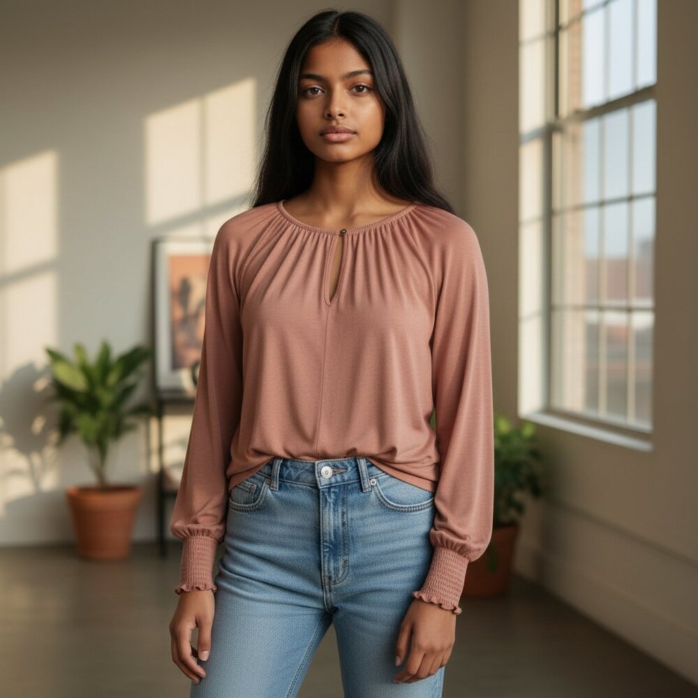 Velvet by Graham and Spencer slub cotton split neck long sleeve M FLAWED